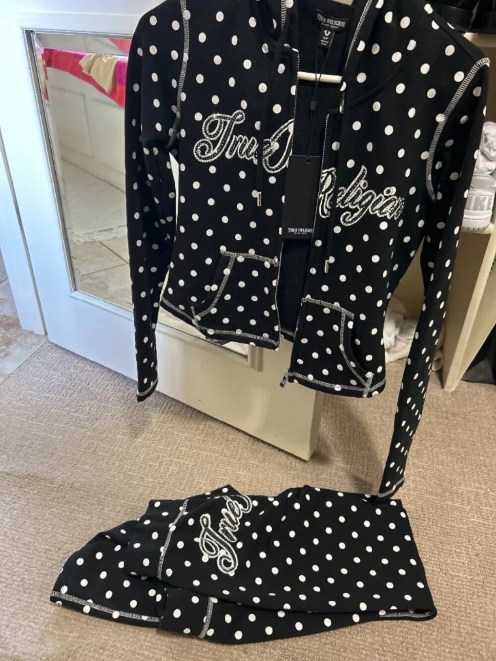 True Religion polka dot fitted zip hoodie set